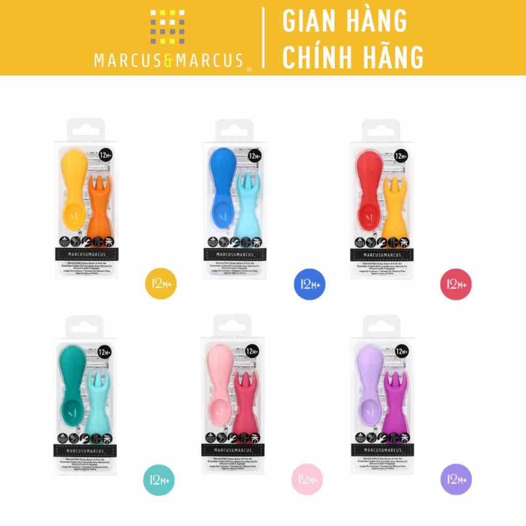 Bộ Thìa Nĩa Tập Ăn Silicon Palm Grasp Marcus & Marcus, Cho Bé Từ 12 Tháng