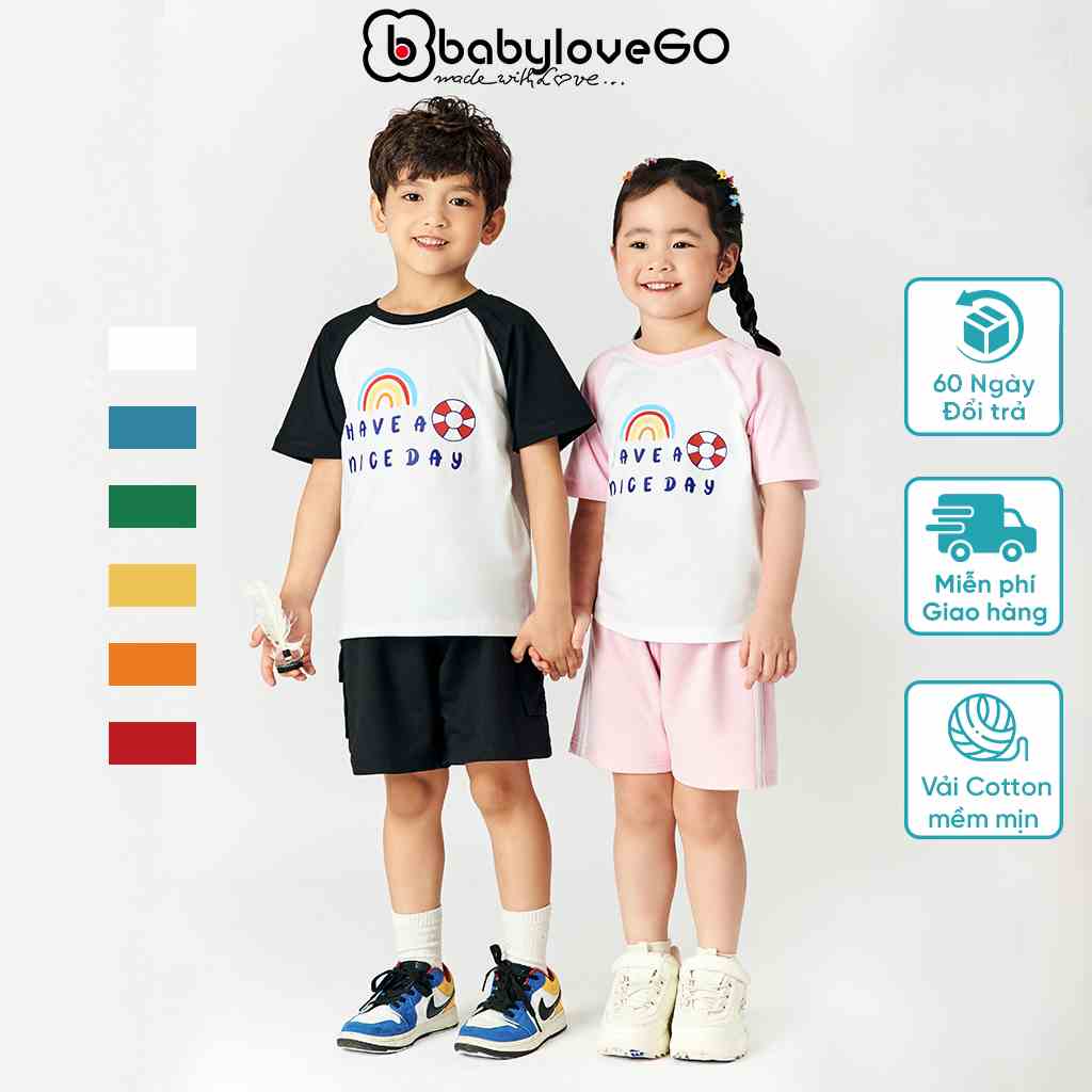 Áo thun ngắn tay BabyloveGO áo phông cộc tay cổ tròn phối màu cho bé trai bé gái NICE DAY