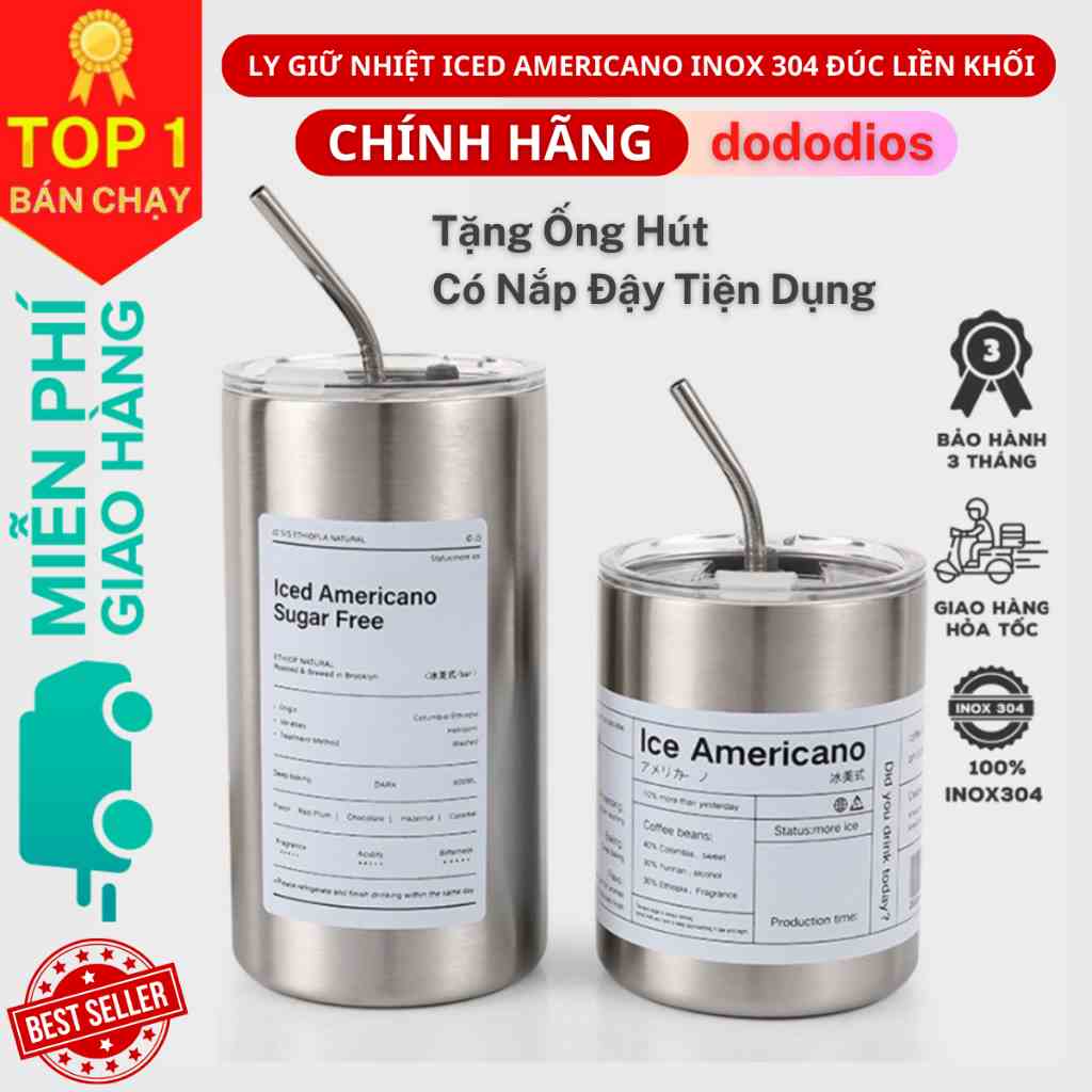 Cốc giữ nhiệt Iced Americano thể tích 650ML/300ML, làm bằng inox, có ống hút - Chính hãng dododios