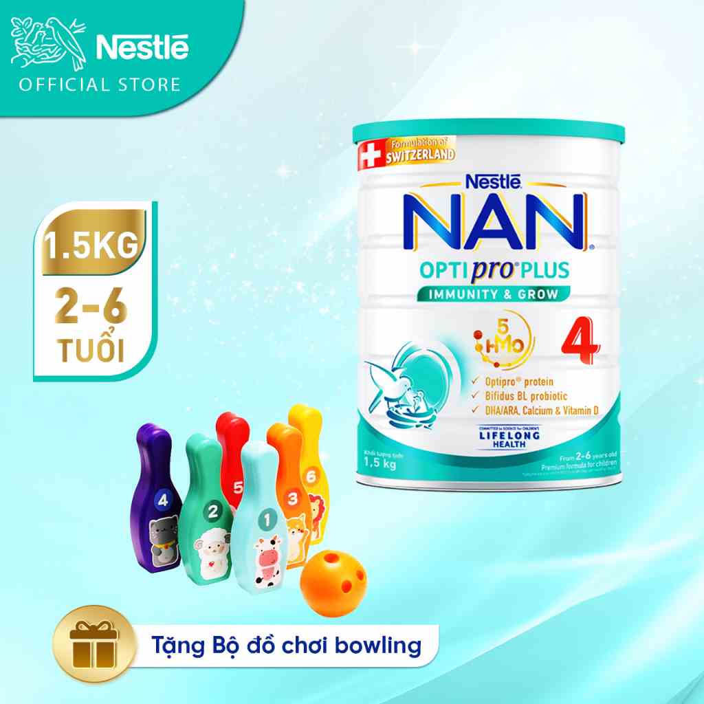 [Tặng Bộ đồ chơi bowling] Sữa bột công thức Nestlé NAN OPTIPRO PLUS 4 1500g/lon với 5HMO Hỗ trợ Đề Kháng