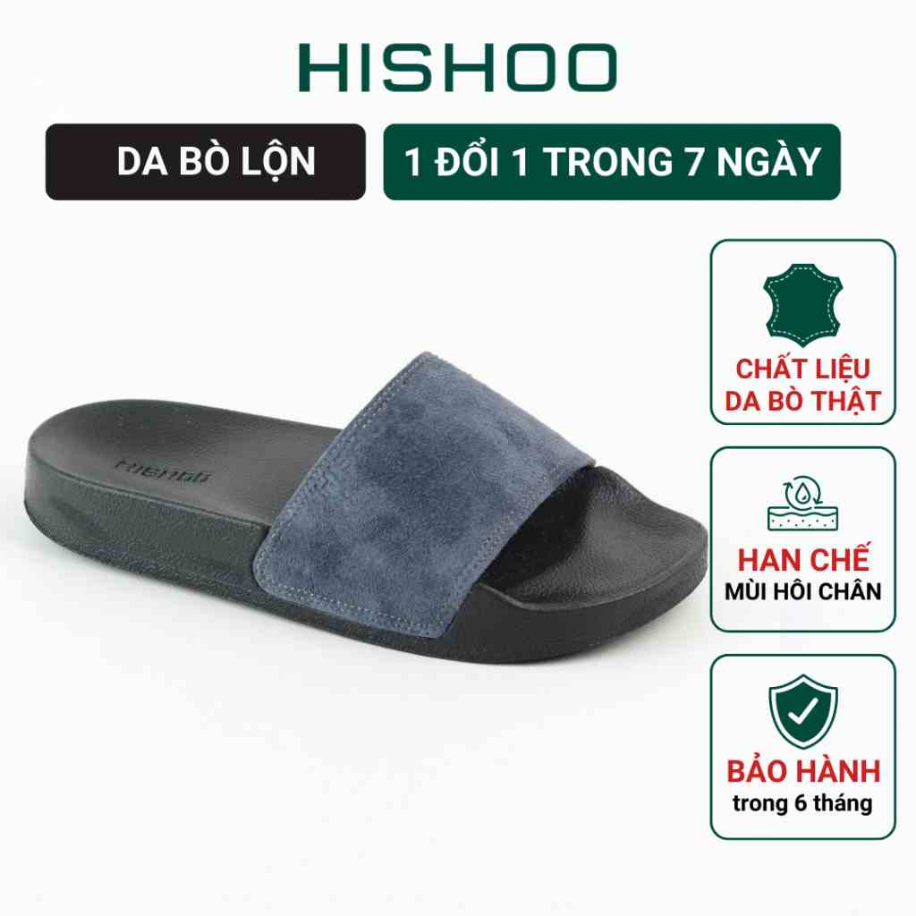 Dép quai ngang slipper Xanh dương cao cấp nam, nữ  HISHOO siêu nhẹ da bò thật thời trang size 33-36 U333