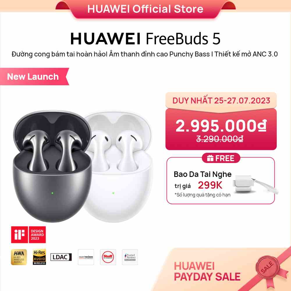 [Mã ELCN02 giảm 500K đơn 300K] Tai Nghe Không Dây Huawei FreeBuds 5 | Đường cong bám tai hoàn hảo| Punchy Bass |ANC 3.0