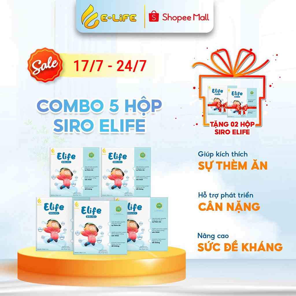 [Tặng 2 hộp Siro] Combo 5 hộp Siro ăn ngon cao cấp ELIFE Delici dành cho trẻ biếng ăn và chậm tăng cân hộp 20 gói 10ml