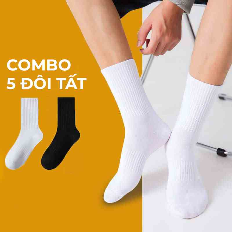 Vớ cổ cao nam nữ dáng dài đến bắp chân, Tất cổ cao nam nữ G2 set 5 đôi tất đen trắng cao cổ chất cotton thấm hút mồ hôi