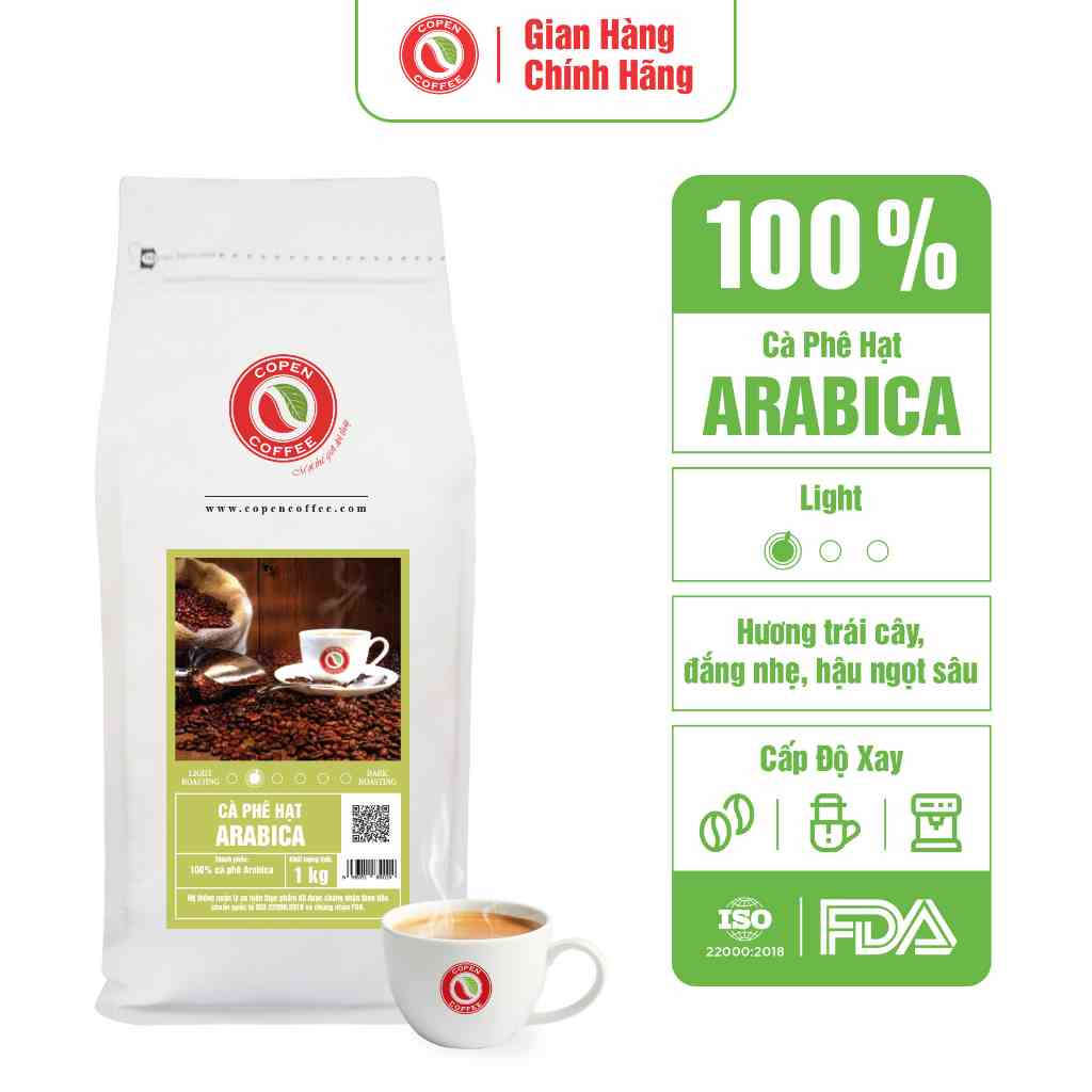 Cà phê hạt Arabica rang mộc nguyên chất - Copen Coffee - Dành cho Pha máy Espresso - Vị chua, đắng nhẹ - Gói 1KG