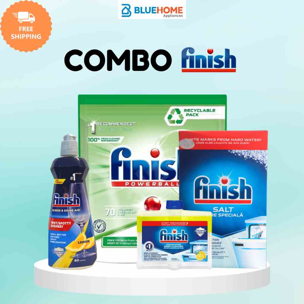 Combo Finish: Viên rửa bát Finish Eco 0% 70 viên + Muối 1.5kg + Bóng 400ml + Dung dịch vệ sinh 250ml