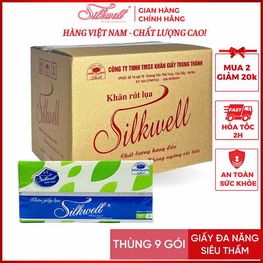 Thùng 9 gói giấy ăn rút lụa khổ to Silkwell Xanh 250 tờ mềm mịn không bụi giấy