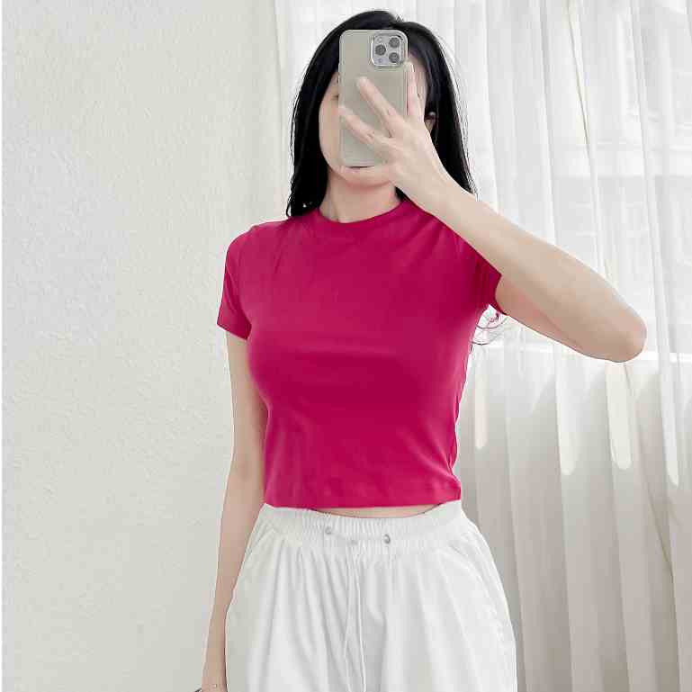 [Mã BMLTA35 giảm đến 35K đơn 99K] Áo croptop trơn cổ tròn chất coton mềm mịn thấm hút mồ hôi cho nữ