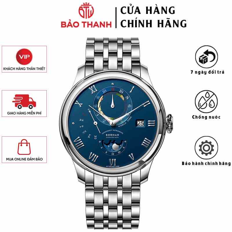 Đồng Hồ Nam BORMAN BM3537-9 Chính Hãng BH 24T Chịu Nước 50m Kính Chống Xước Dây Thép Không Gỉ Cao Cấp (Máy Cơ Tự Động)