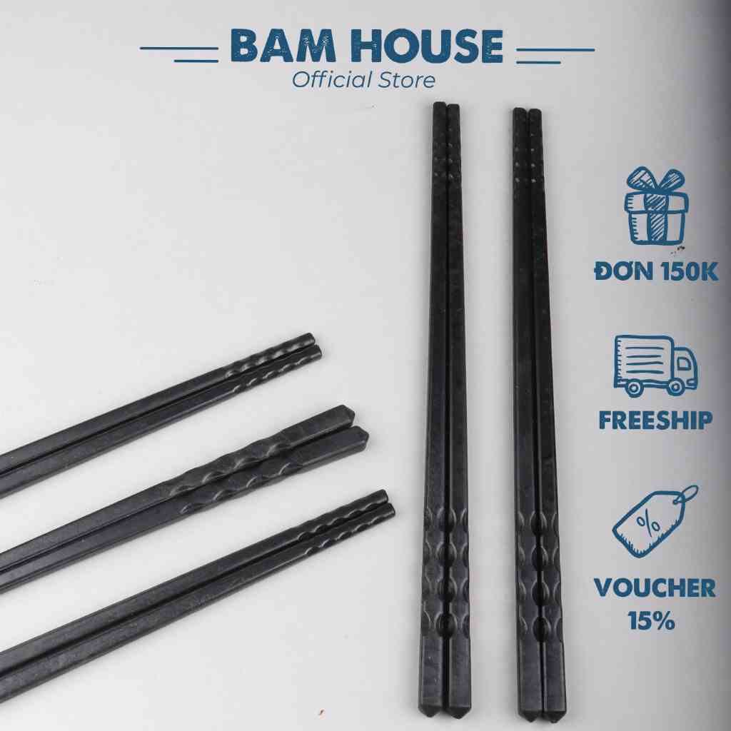 Bộ 10 đôi đũa nhựa chịu nhiệt Bam House màu đen đầu nhám cao cấp DND04 - Gia dụng bếp