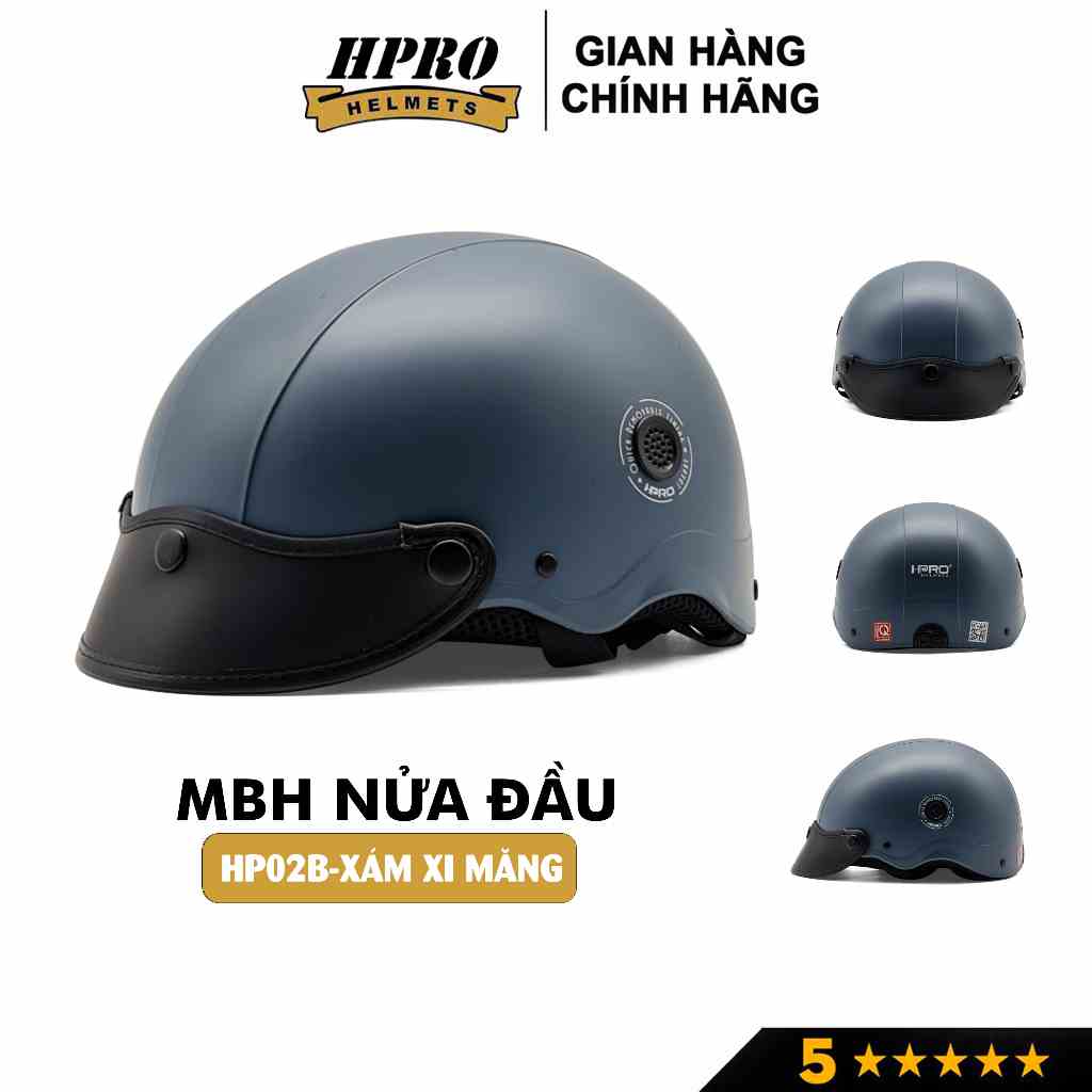 Mũ bảo hiểm nửa đầu thương hiệu Hpro helmet, màu xám xi măng nổi bật, kiểu dáng trẻ trung năng động