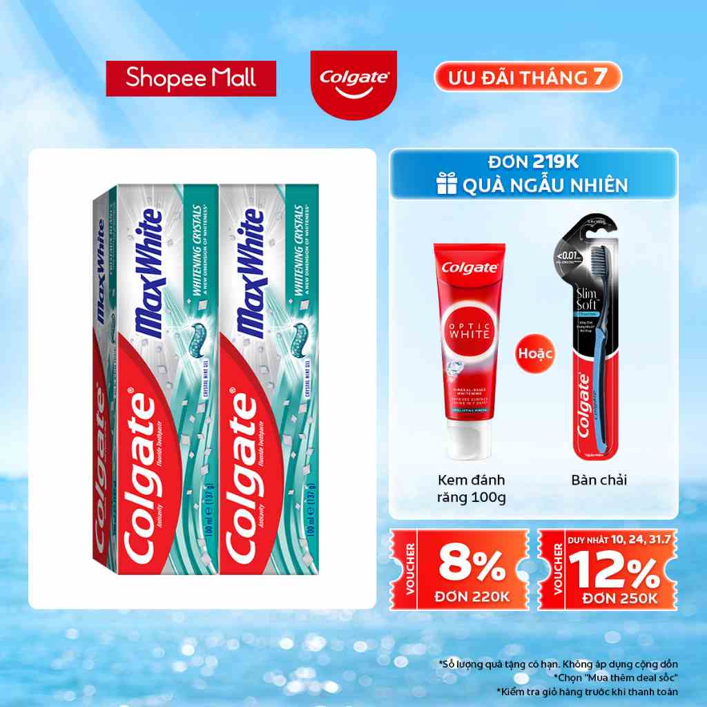 Bộ 2 Kem đánh răng Colgate MaxWhite tinh thể the mát, làm trắng răng trong 2 tuần