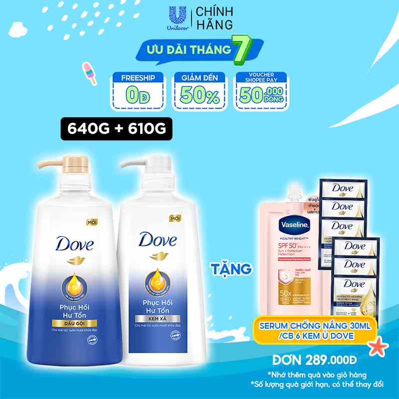 Bộ sản phẩm Dove Phục Hồi Hư Tổn dầu gội 640g + kem xả 610g