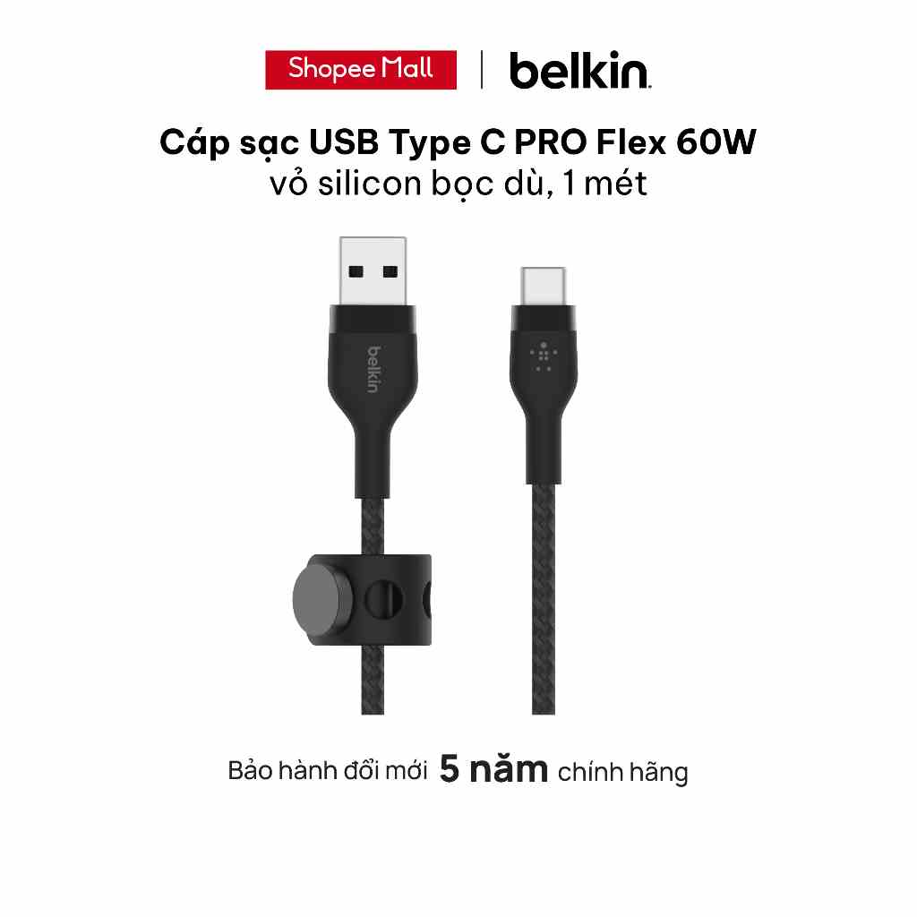 Cáp sạc USB Type C BOOST↑CHARGE™ PRO Flex Belkin vỏ silicon bọc dù 60W 1m - Bảo hành 5 năm - CAB010bt