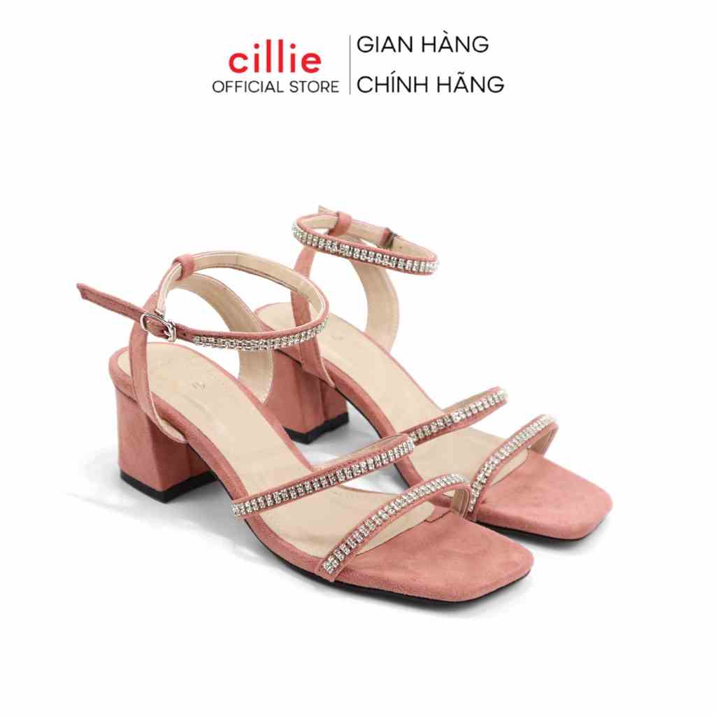 Giày sandal quai ngang mảnh đính đá sang trọng bắt mắt đế vuông cao 5cm Cillie 1187