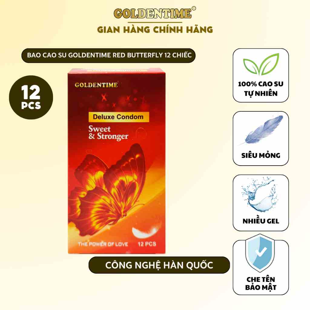 Bao cao su GOLDENTIME Red Butterfly siêu mỏng trơn mịn công nghệ Hàn Quốc ( hộp 12 bao)