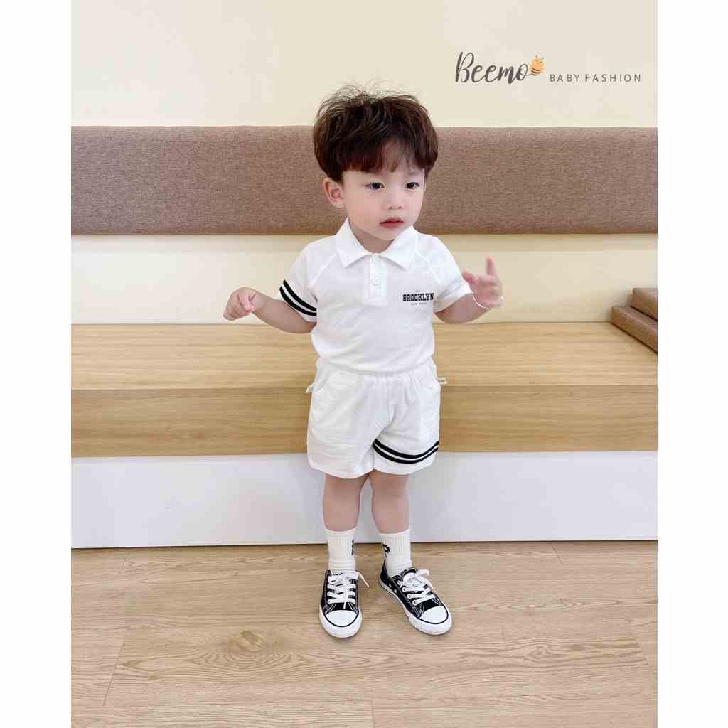 Set bộ quần áo Beemo cổ đức kẻ tay in chữ trước ngực chất liệu cotton mặc hè đi học, đi chơi cho bé 1 - 7 tuổi 22386B