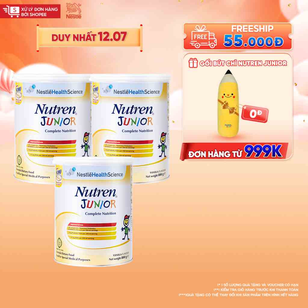 Combo 3 lon thực phẩm dinh dưỡng Nutren Junior Thụy Sĩ hỗ trợ tăng cân tiêu hóa tốt cho trẻ từ 1 đến 10 tuổi 800g/lon