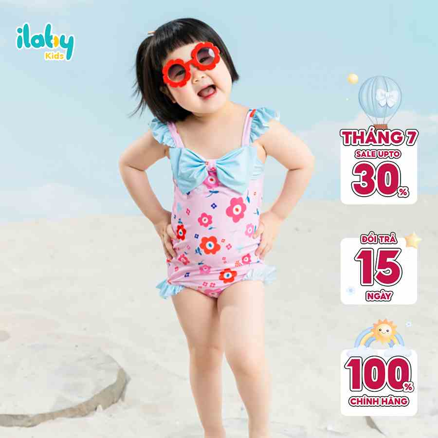 Bikini bé gái ILABY liền hoa tiết phối nơ ngực chất liệu thun lạnh co dãn 4 chiều [70IG1630C3FT]