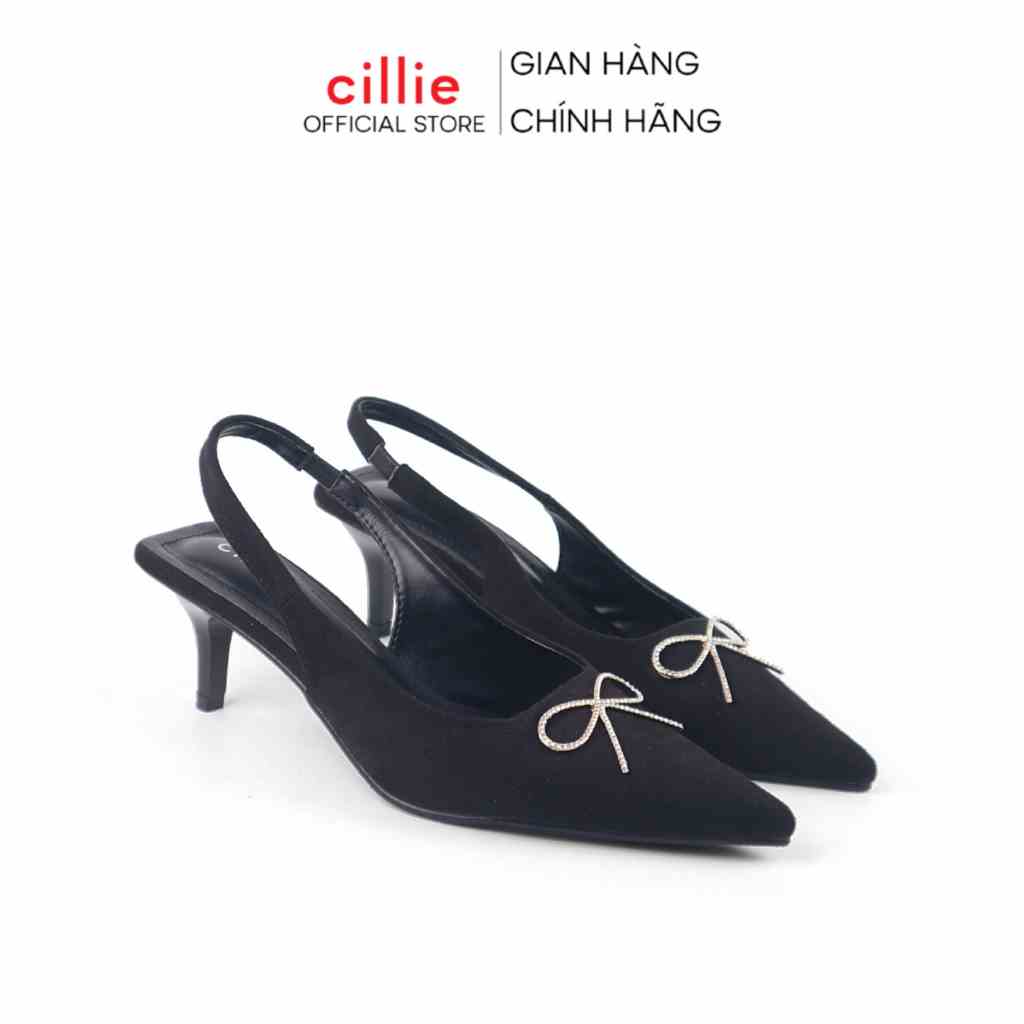 Giày Cao Gót Slingback Cillie Nữ Hở Hậu Mũi Nhọn Đính Nơ Đá Thanh Lịch Gót Nhọn Chắc Chắn 1161