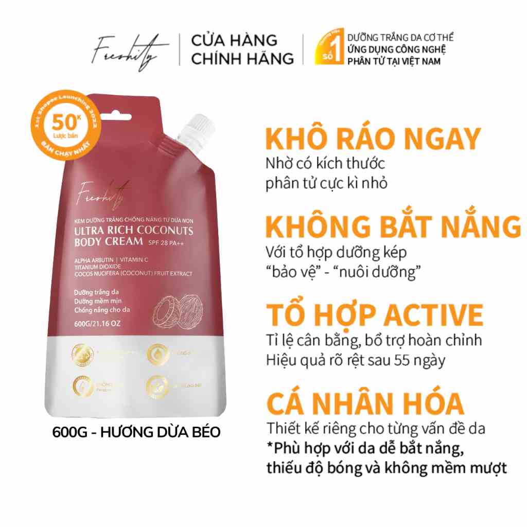 Kem dưỡng trắng chống nắng cơ thể  từ dừa non SPF 28 PA++ Freshity 600g