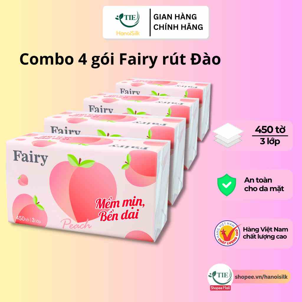 Combo 4 gói Giấy Ăn Rút Fairy Đào 450 Tờ / 3 Lớp Tiện Dụng, Khăn Giấy khổ to cao cấp Siêu dai Mềm mịn An Toàn Cho Bé