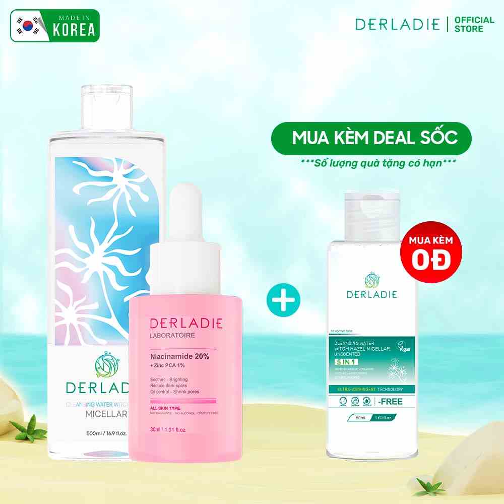 Bộ Đôi Tẩy Trang Derladie 500ml, Serum Derladie Laboratoire Pore Tightening Ampoule Niacinamide 20% + Zic PCA 1% 30ml