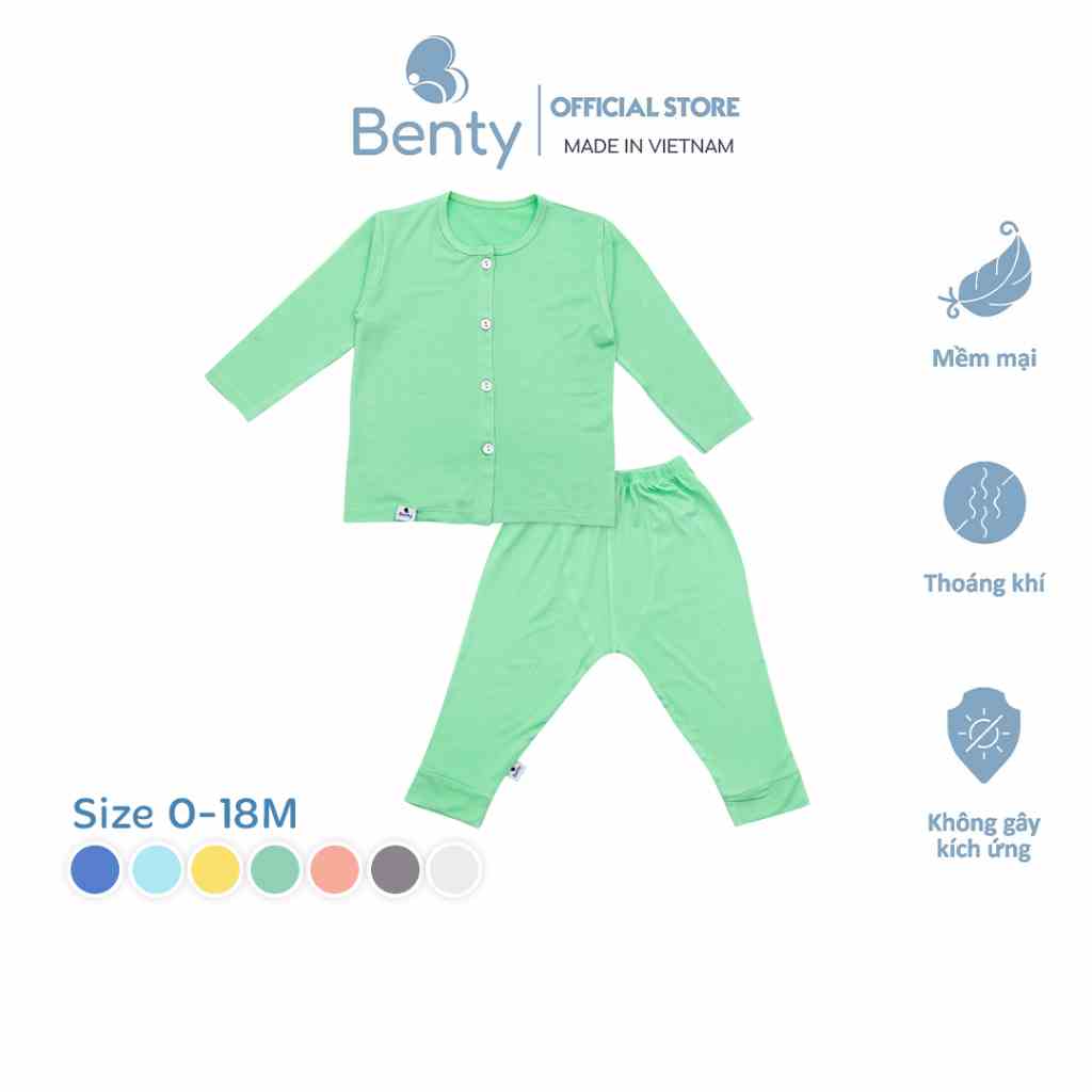 Bộ dài tay cài thẳng trơn BENTY basic unisex cotton mềm mịn mát, quần áo trẻ em quần đáp đũng