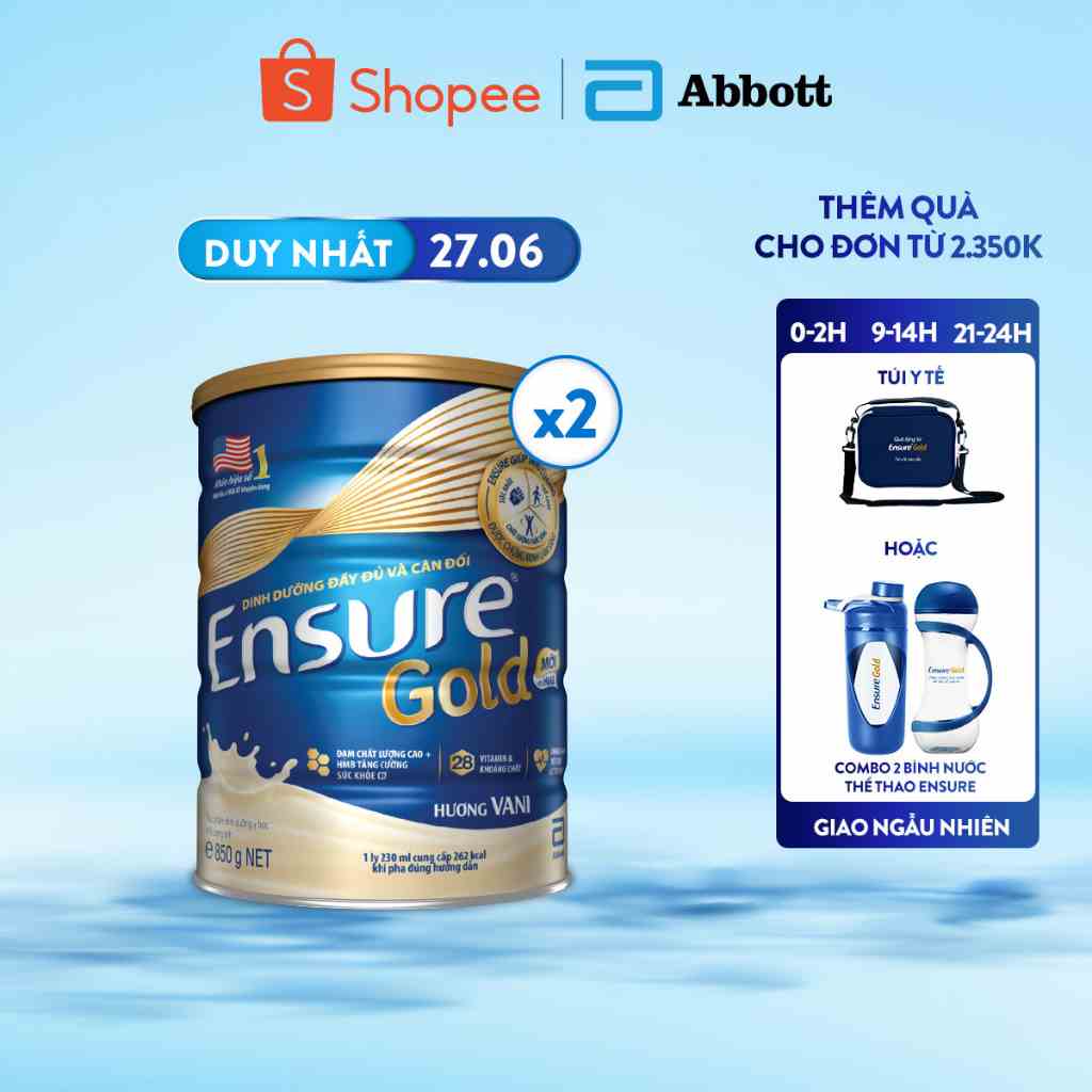 Combo 2 Sữa bột Ensure Gold Abbott hương vani (HMB) 850g/lon