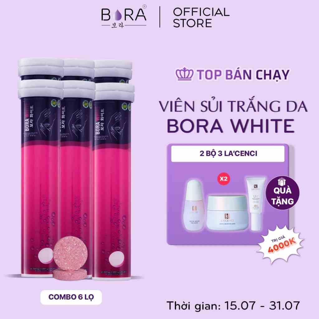 [Mã BMLTB200 giảm đến 100K đơn 499K] COMBO 6 Viên Sủi Trắng Da Mờ Nám BORA WHITE Giúp Làn Da Trắng Hồng Rạng Rỡ 120 viên