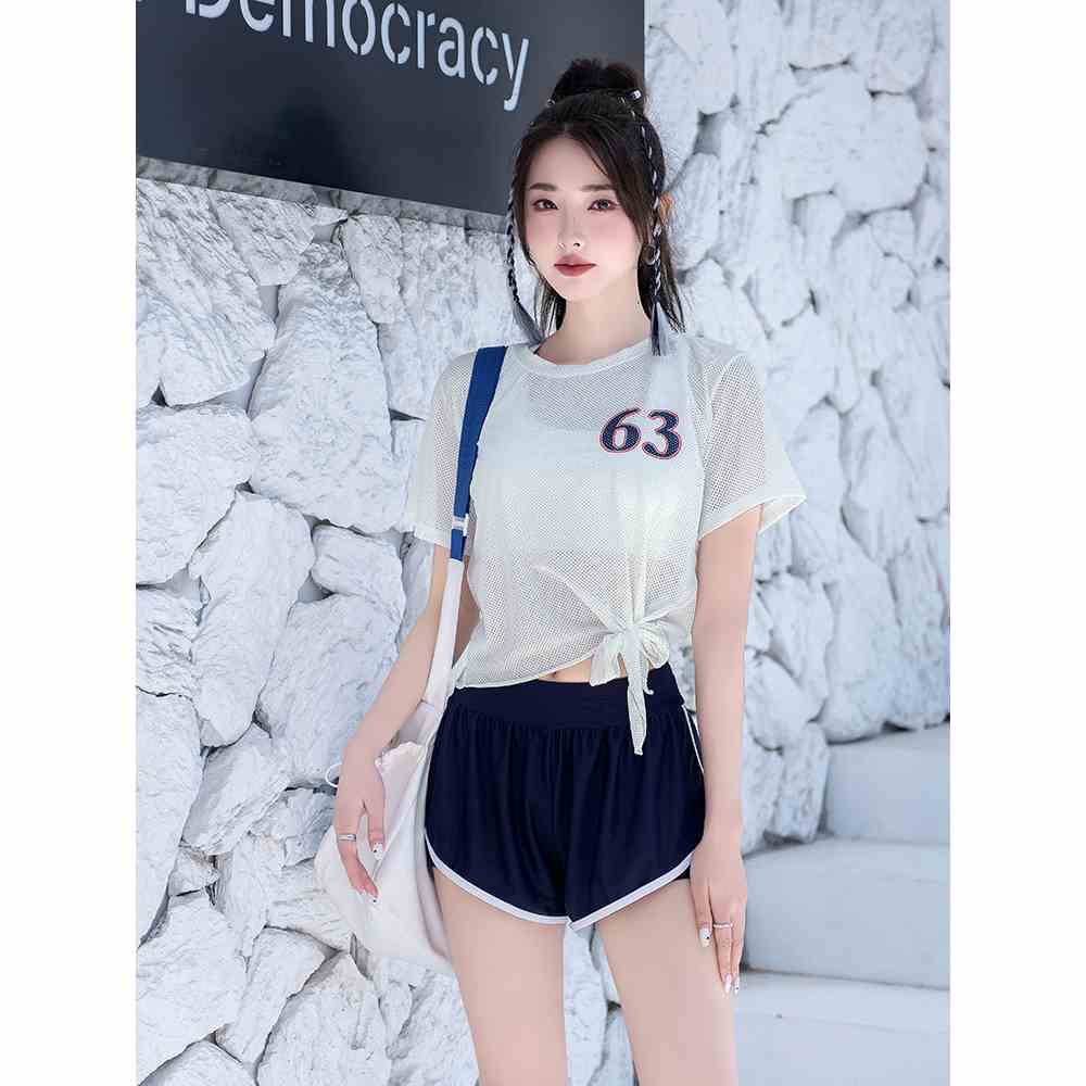 Đồ bơi nữ 3 chi tiết LUHAZO đi biển 2 mảnh áo lưới kèm áo croptop quần đùi cạp cao phong cách thể thao 2319 D8T3