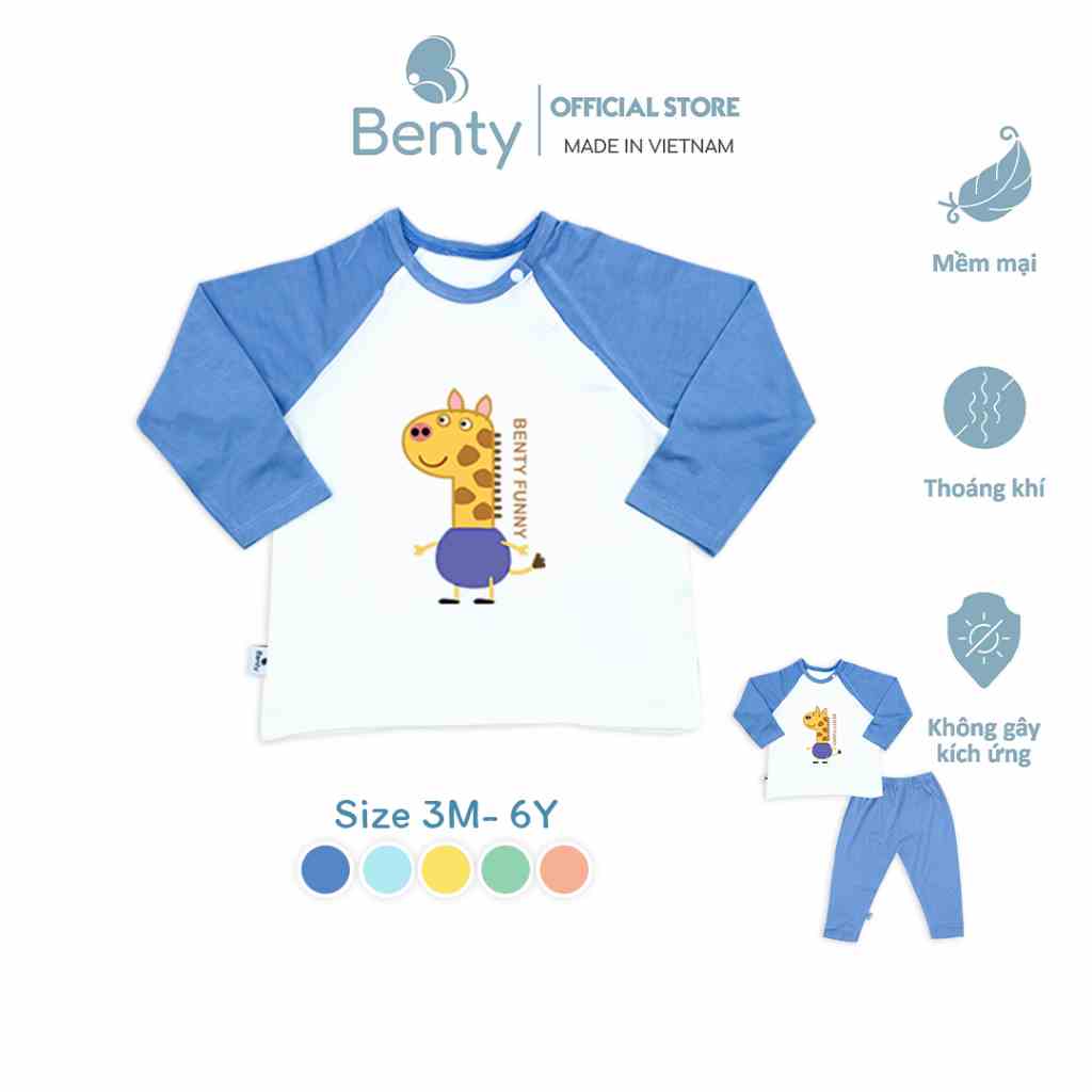 Bộ dài tay cài chéo in hình hươu BT020 BENTY cotton mềm, mịn thoáng khí, đồ bộ trẻ em chính hãng