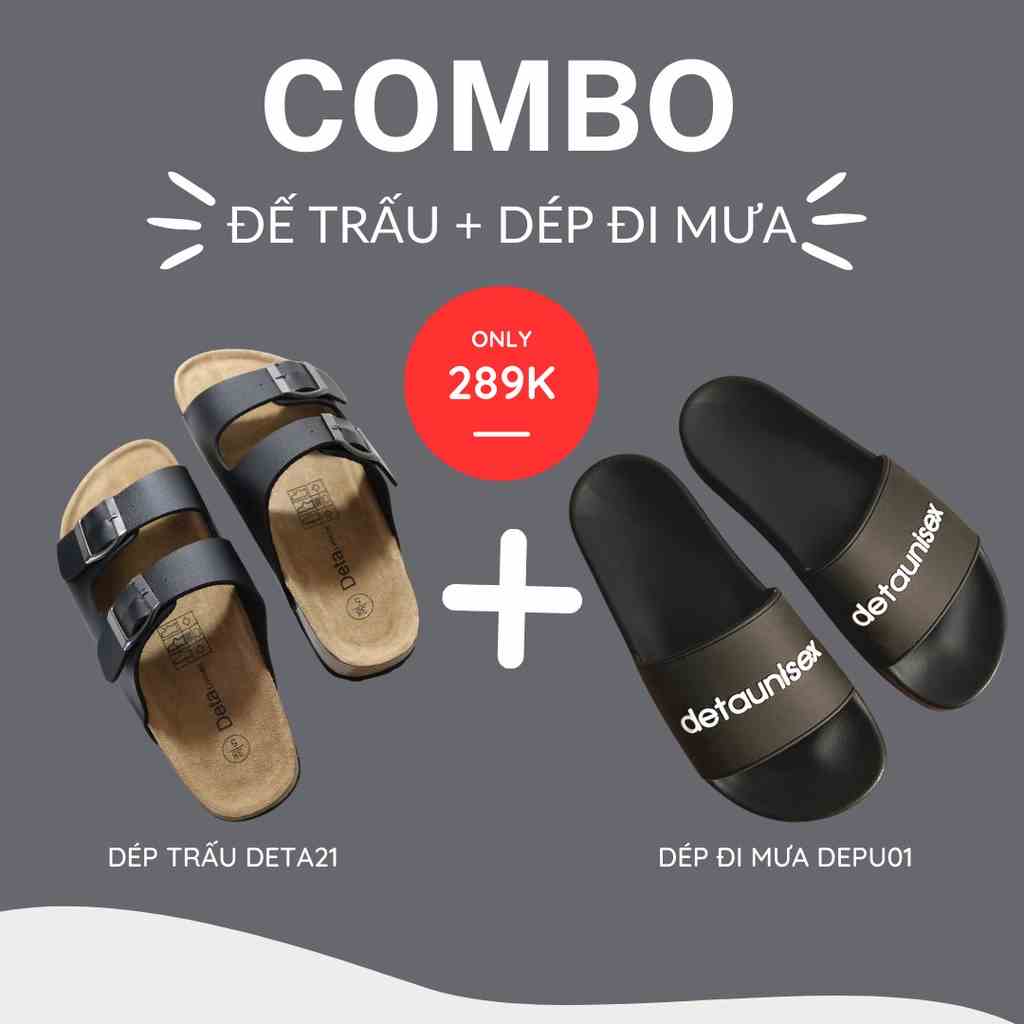 COMBO dép đế trấu quai ngang 2 khoá và dép nhựa đi mưa Detaunisex - COMBODETA21DEPU01