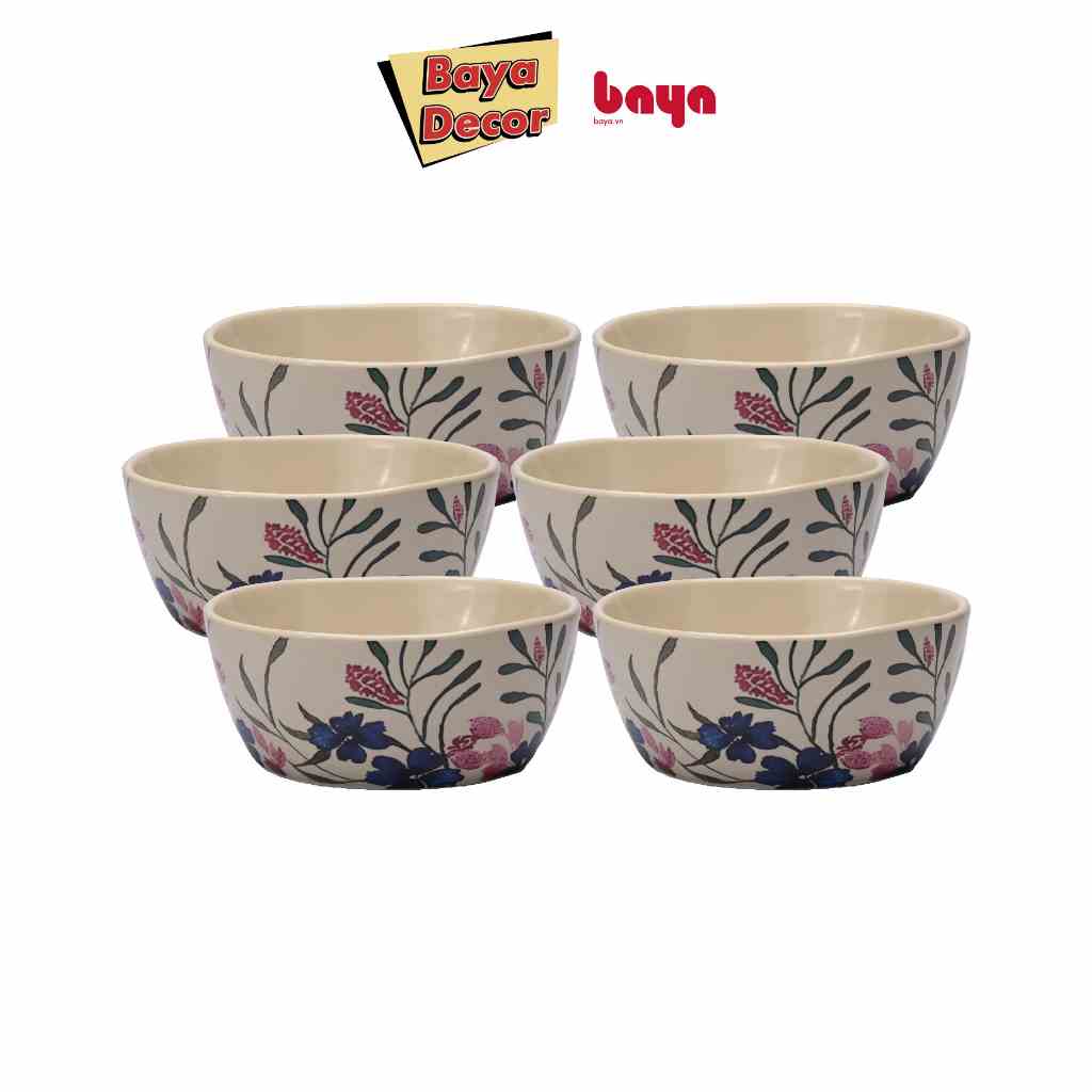 Bộ 6 Chén Bát BAYA FLORAL Chất Liệu Sứ Tráng Men Cao Cấp, Màu Kem, Họa Tiết Hoa, Cao 6cm x Đường Kính