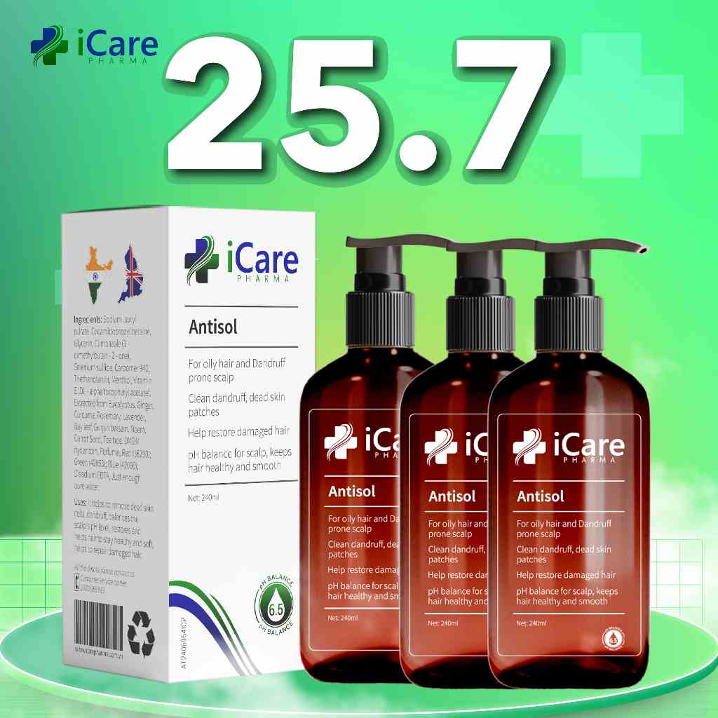 Combo 3 Chai Dầu Gội Sạch Gàu Antisol | Thương Hiệu iCare Pharma | Làm Sạch Gàu Nấm Ngứa Da Đầu | Chiết Xuất Dược Liệu