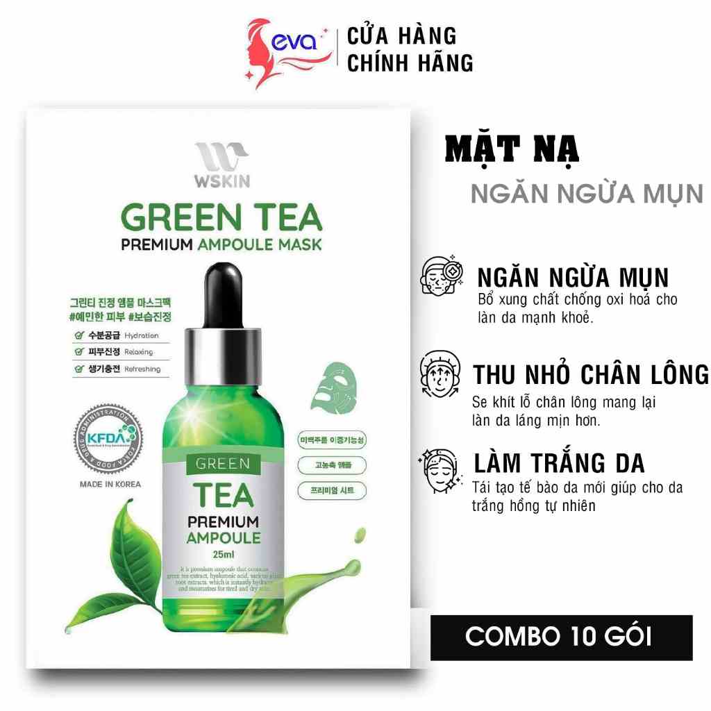 [Mã ICBFRI15 giảm 10% đơn 0đ] 10 Mặt nạ Trà xanh ngừa mụn trắng da Wskin Green Tea Ampoule Mask 25g