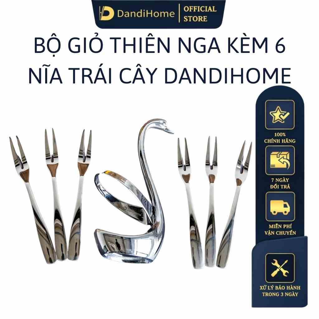 [Sale] Set giỏ thiên nga trang trí DandiHome kiêm đựng và 6 nĩa trái cây Inox 304 cao cấp