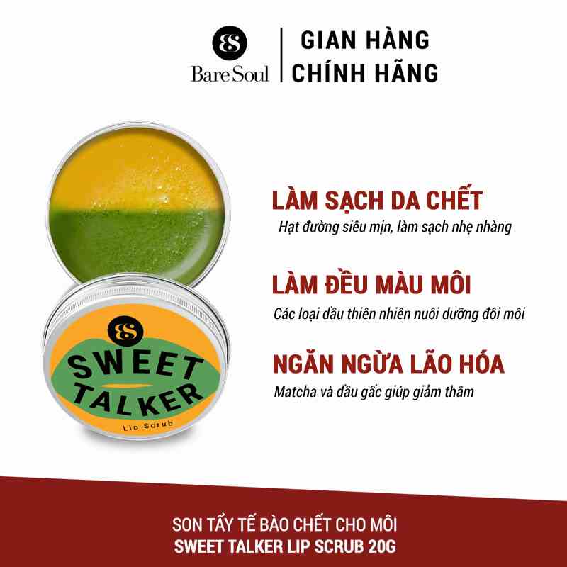 Son tẩy tế bào chết môi thiên nhiên giúp dưỡng môi, giảm thâm môi, chống lão hóa BareSoul Sweet Talker Lip Scrub 20g