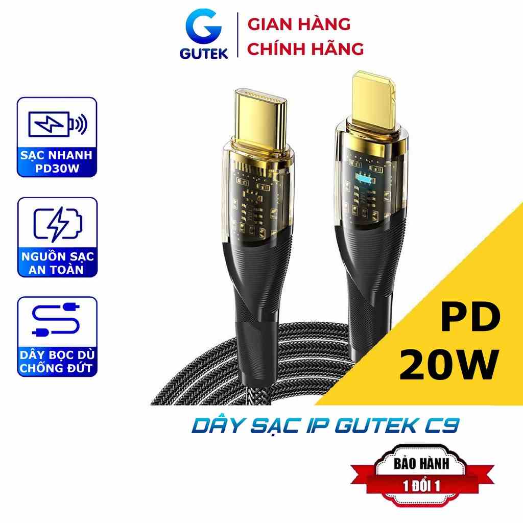 Dây sạc nhanh ip PD 20W Gutek C9 bọc dù cho 6 7 8 plus xsmax 11 12 13 14 pro max