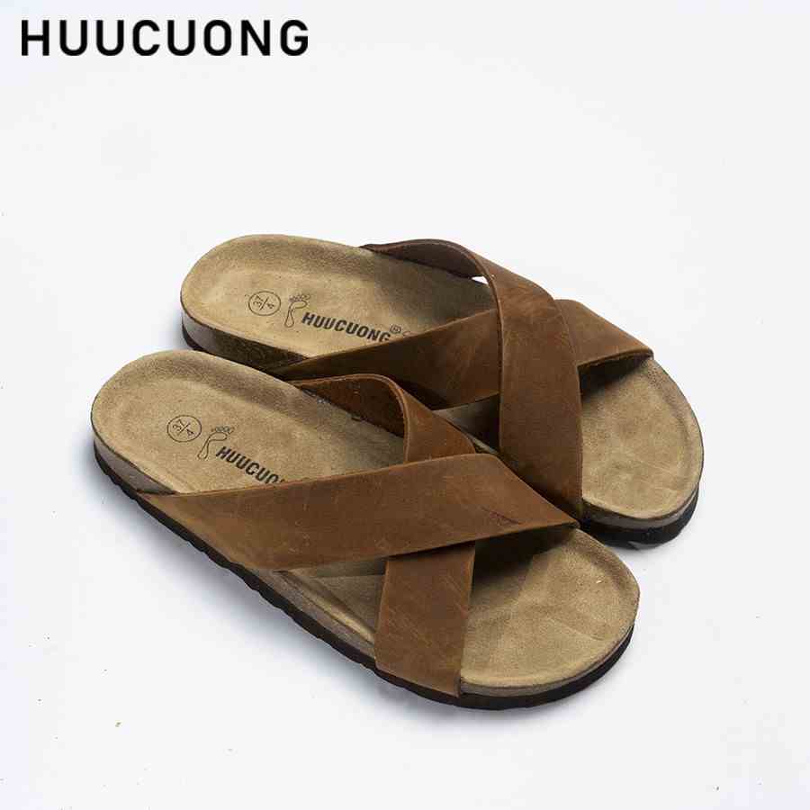 Dép unisex HuuCuong quai chéo da bò đế trấu