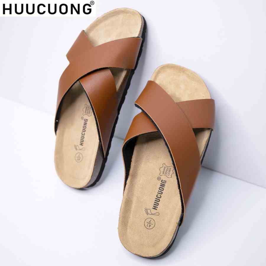 Dép unisex HuuCuong quai chéo pu nâu đế trấu