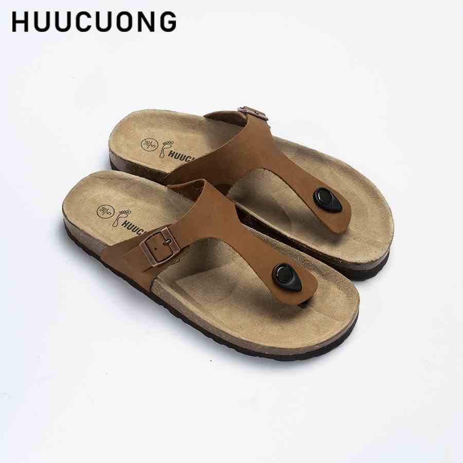 Dép unisex HuuCuong kẹp ngón da bò nâu đế trấu