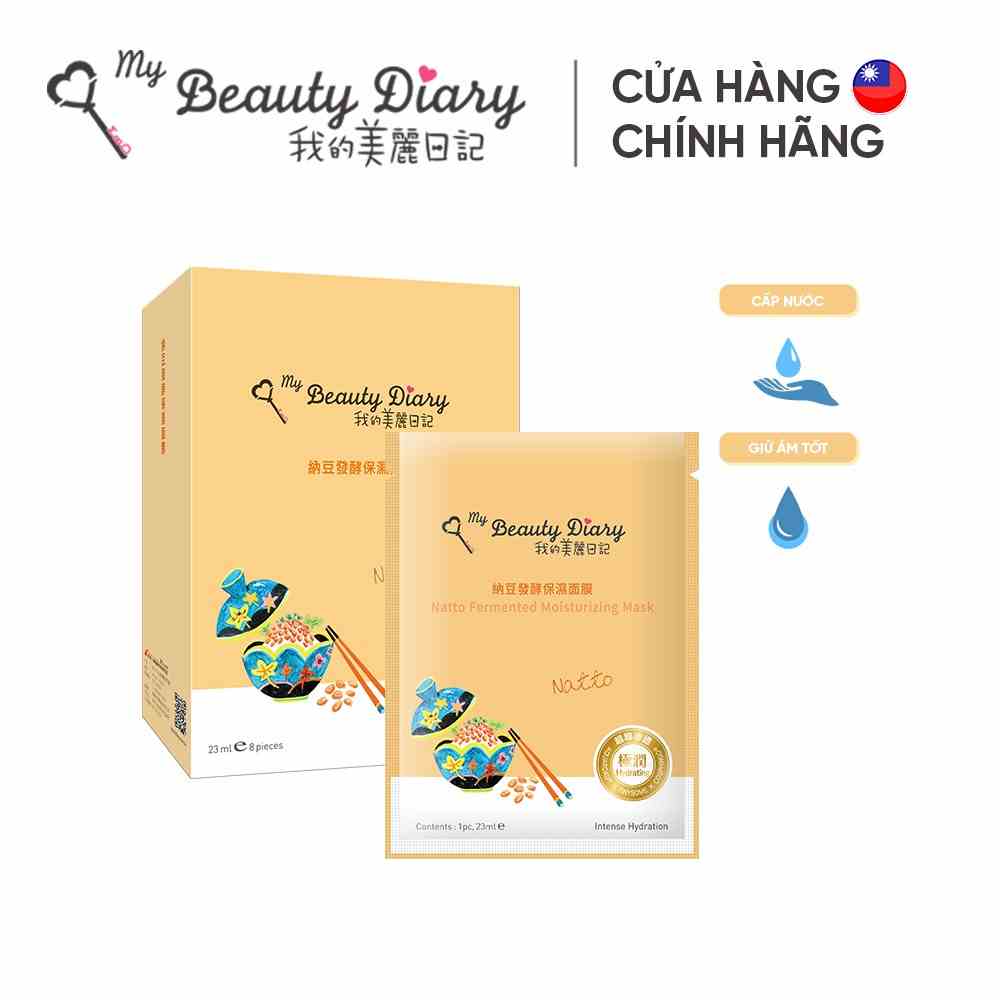 Hộp 8 miếng mặt nạ dưỡng trắng và dưỡng ẩm My Beauty Diary Taiwan Natto Fermented Moisturizing Mask Đậu nành 23ml/Miếng