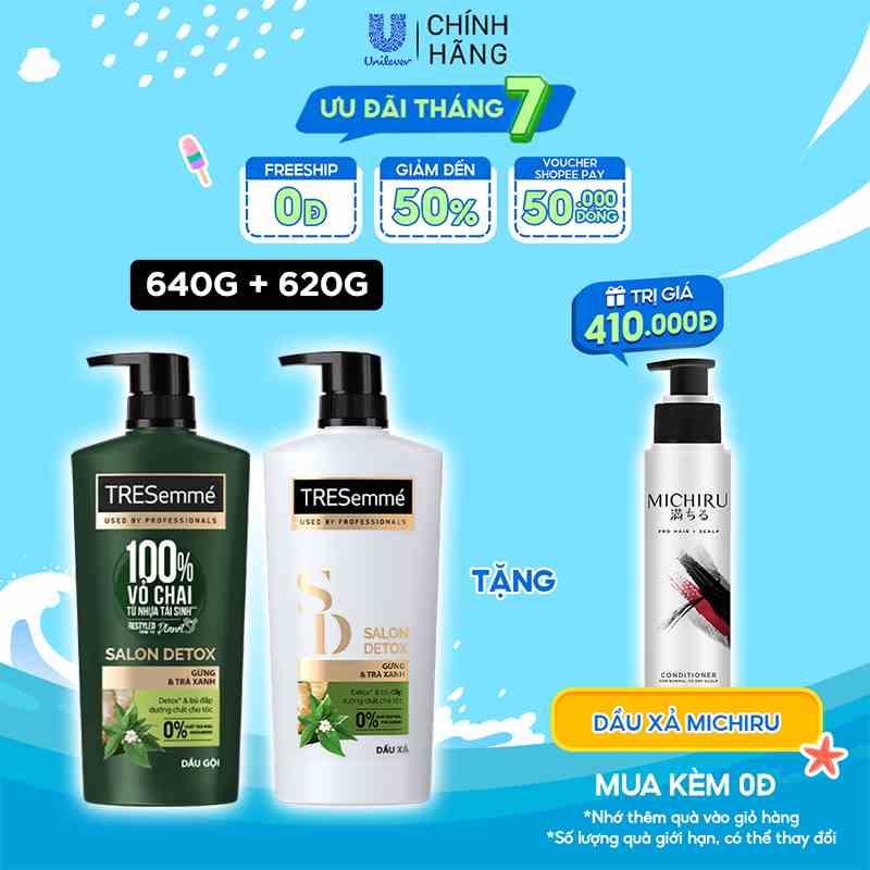 Combo Dầu Gội, Dầu Xả TRESEMME Salon Detox Cho tóc chắc khỏe & sạch sâu cùng Gừng và Trà Xanh Detox 640g, 620g