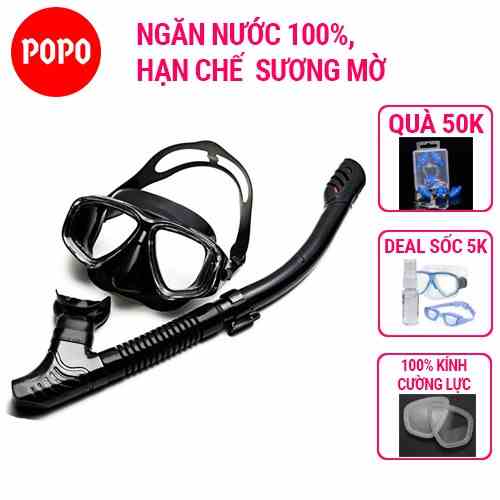 Kính lặn biển ống thở POPO với 2 van ngăn nước 100%, mặt nạ lặn với mắt kính cường lực