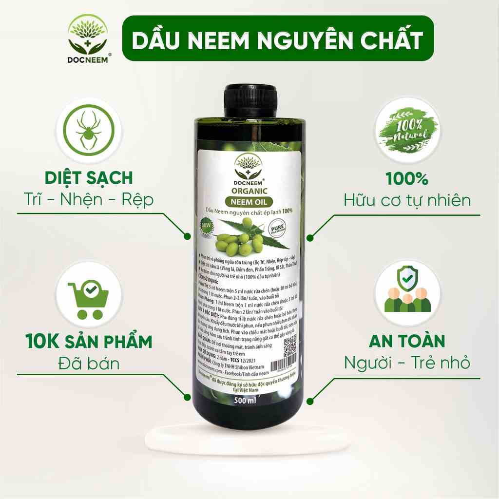 Dầu neem oil DOCNEEM hữu cơ phòng trị sâu bệnh hoa hồng, phong lan, cây cảnh, nguyên chất ép lạnh, hàng chính hãng 500ml