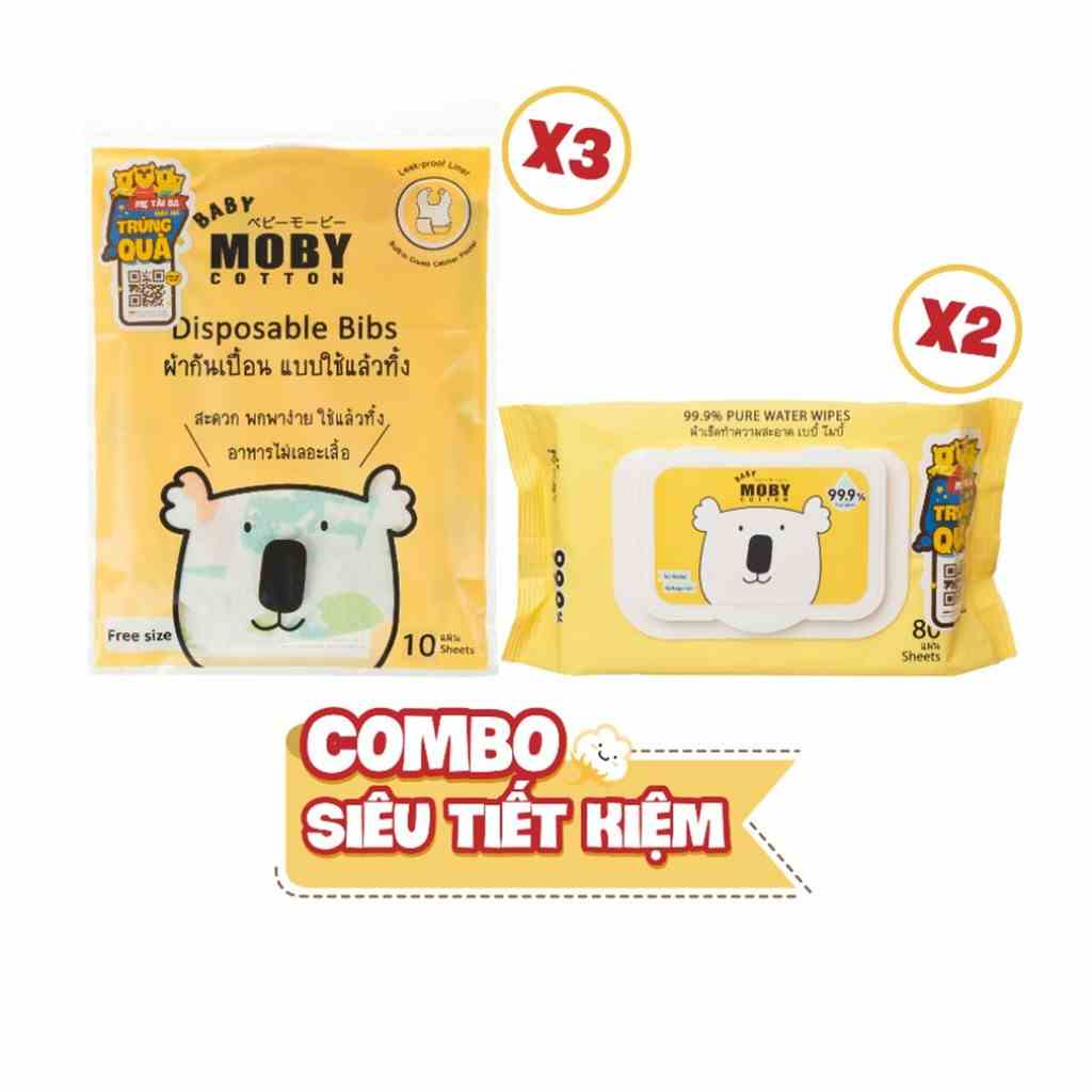 03 Bịch yếm giấy chống thấm Moby + 02 Gói khăn ướt Moby 80 tờ