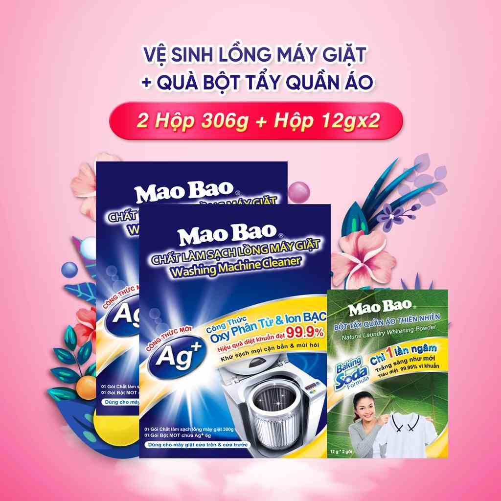 Chất vệ sinh lồng máy giặt Ag+ Mao Bao 306g - 2 hộp + tặng 1 hộp Bột tẩy quần áo thiên nhiên 12g x2 gói