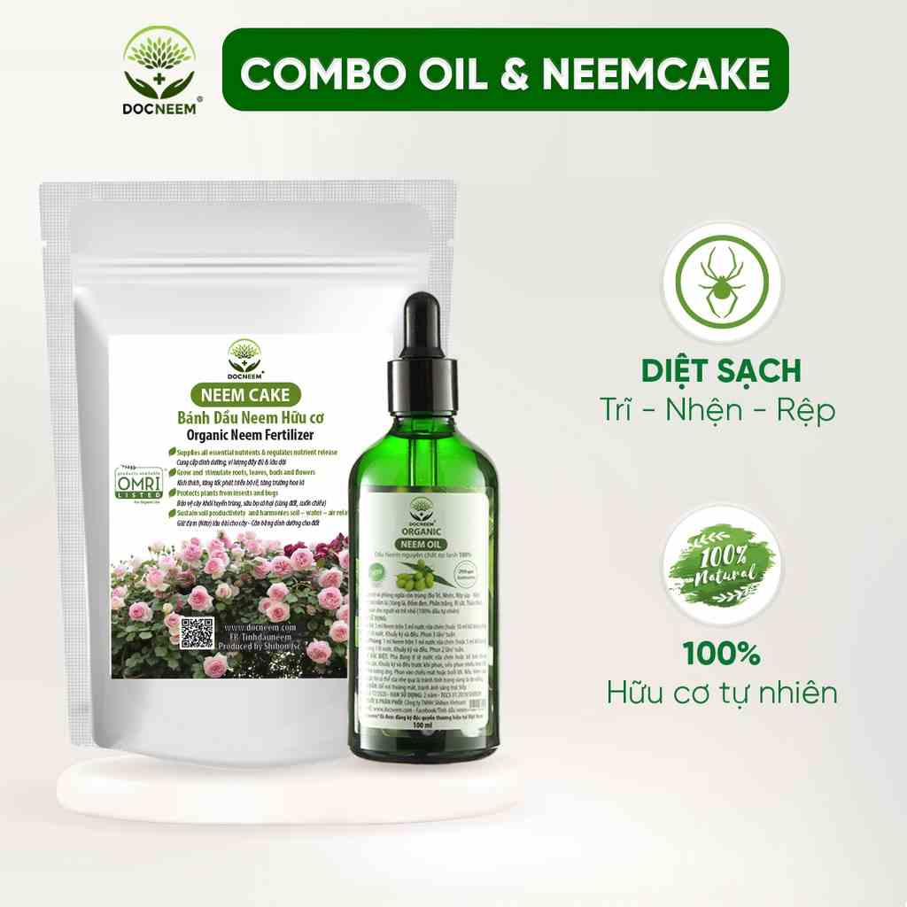 Combo Neem oil & Neem Cake trị chăm sóc hoa hồng, trị côn trùng sâu bệnh, bật mầm sai hoa, kích rễ, Thương hiệu Docneem