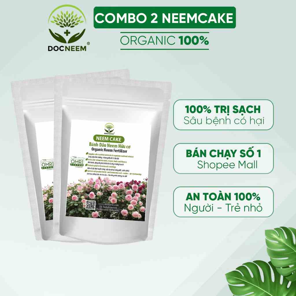 Combo Neem cake bánh dầu DOCNEEM trị sùng đất, cuốn chiếu, ốc sên, phân bón kích rễ hoa hồng, cây cảnh, túi 2kg